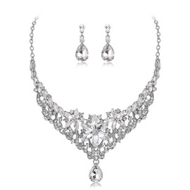 Clearine Wedding Jewellery Set for Women Bride Beautiful Impressive Crystal Marquise Drop Cluster Statement Necklace Dangle Earrings for Bride Bridesmaid Prom Accessories, Crystal