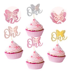 Paquete de 24 adornos de mariposa para cupcakes con purpurina para primer cumpleaños de baby shower, niños y niñas, cumpleaños, aniversario, fiesta, decoración de pasteles, suministros coloridos