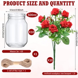 XunYee 10 Set Mason Jar Table Centerpiece with Flower Mason Jar Flower Centerpiece Vases Decor for Engagement Party Bridal Shower Centerpieces Wedding Reception Table Decor(Red Rose)