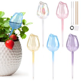 EBANKU 5 Pcs Flower Shape Plant Self Watering Globes and 2 Cleaning Brushes, Plant Watering Device Plant Water Glass Bulbs, Colourful Automatic Plant Waterer System Dripper Ideal