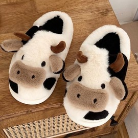 Women's Cute Spotted Cow Print Faux Fur Winter Indoor Slippers Size 40 (245-250mm)