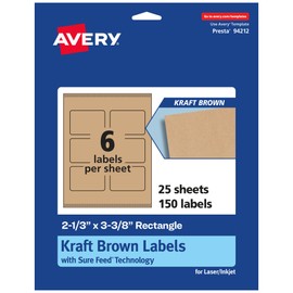 Avery Kraft Brown Rectangle Labels with Sure Feed, 2-1/3" x 3-3/8", 150 Kraft Brown Labels, Print-to-The-Edge, Laser/Inkjet Printable Labels
