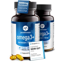 Purefitness Omega 3 Capsules High Dose | 2000 mg Fish Oil with 1000 mg EPA & 500 mg DHA | 2 Capsules Daily | 2 x 120 Softgels Triglyceride Form | Clean Label | Laboratory Tested in Germany