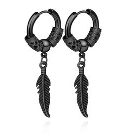 INFINIONLY Men's Women's Stainless Steel Feather Earrings Hoops Novelty Earrings Dangles for Boys Fashion Piercing Statement Earrings Creative Creole, Black