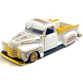 1950 Chevy 3100 Pickup Truck Lowrider White with Graphics and Gold Wheels Lowriders Series 1/25 Diecast Model Car 32545WH