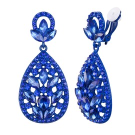 EleQueen Rhinestone Crystal Wedding Bridal Bohemia Teardrop Chandelier Clip On Earrings Royal Blue Color Blue-Tone