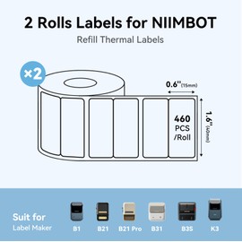 NIIMBOT Labels, 2 Rolls Refill Thermal Label for Label Maker B1/B21/B21Pro/B3S/B31/K3, Waterproof, Oil-Proof and Tear-Proof Sticker Labels, 1.57'' x 0.6''x2(40x15mmx2) Clear