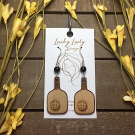 Lucky Lady Designs Wood Pickleball Paddle Dangle 925 Sterling Silver Earrings with Accent Bead