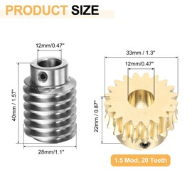 sourcing map Worm Gear Set 20T 1.5 Module 20:1 Reduction Rate, Right Rotation Drive Gear Box Wheel Reduce Transmission Part (Brass Gear-12mm Bore, #45 Steel Rod 12mm Bore)