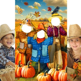 Buryeah Thanksgiving Photography Backdrop Scarecrow Pumpkin Photo Background Fall Backdrops for Photography Autumn Party Photo Props with Head Cutout Fall Festival Banner with 10 Meter Rope 73 x 47''