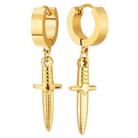 Mens Gold Color Hoop Earrings Dangling with Sword, Stainless Steel Huggie Hinged Circle(CA)