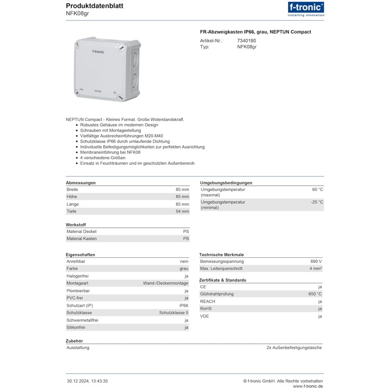 f-tronic FR Junction Box IP66, Grey, Neptune Compact (85 x