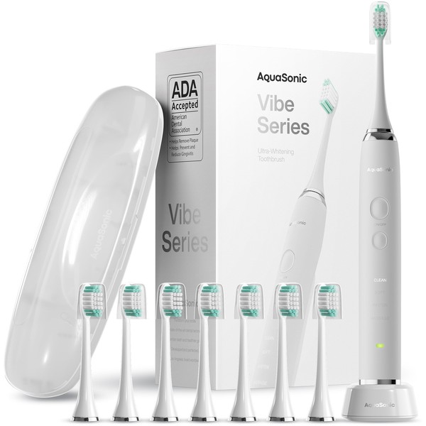 Aquasonic Vibe Series Ultra-Whitening Toothbrush – ADA Accepted Electric Toothbrush - 8 Brush Heads & Travel Case – 40,000 VPM Motor & Wireless Charging - 4 Modes w Smart Timer – Optic White