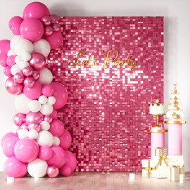 COKAOBE Pink Shimmer Wall Backdrop, 24PCS Square Sequin Shimmer Backdrop Panel, Photo Backdrops for Birthday, Anniversary, Wedding, Graduation & Bachelorette Party Decoration