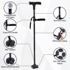 Adjustable Folding Walking Sticks for Men Women Senior Elderly with SOS Alarm & LED Light, Foldable Walking Cane & Easy Carry, with Double Grip Handles, 360° Rotatable Non-slip Rubber Base