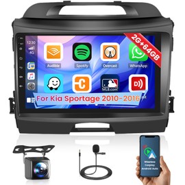 2+64GB 9 Inch Touchscreen Stereo Kit for Kia Sportage 2010-2016 Android 13 Car Radio with Wireless Carplay Android Auto FM/RDS GPS BT USB WiFi MIC SWC Canbus RCA Backup Camera MIC