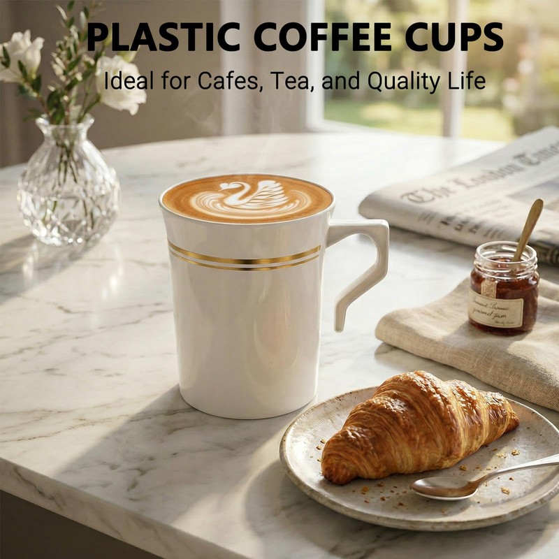 48PCS Plastic Coffee Mugs with Handles,8 OZ Disposable Gold Rimmed