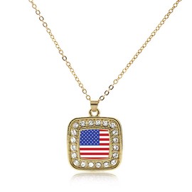 Inspired Silver - American Flag Gold Chain Necklace for Women - Square Pendant Chain Necklace Jewelry Gift with Cubic Zirconia - Women's Necklace Charm with Lobster Claw Clasp