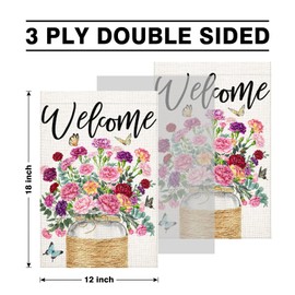 Welcome Mother's Day Garden Flag 12x18 Inch Floral Mason Jar Double Sided Burlap Garden Flag for Outdoor Yard Lawn House Decorations Women Mom Gift