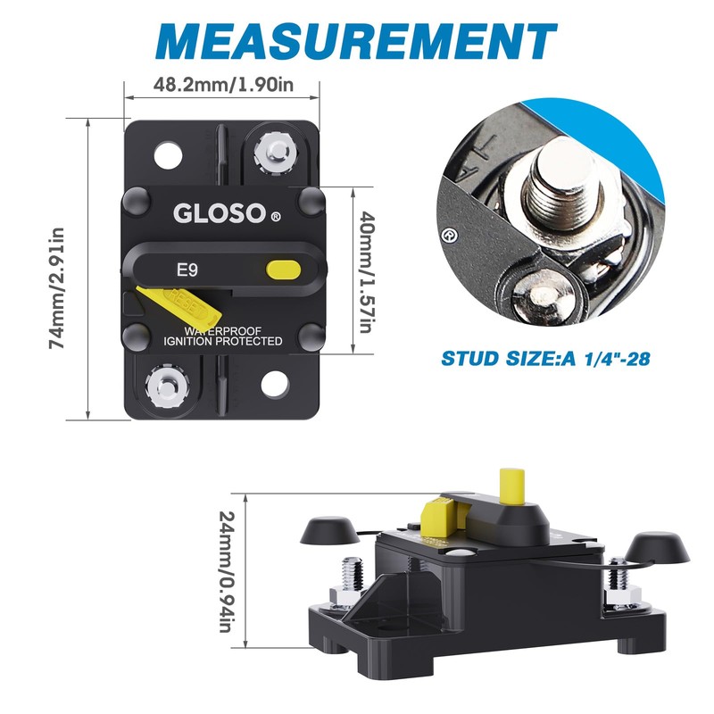 GLOSO E99 Waterproof Circuit Breaker 12V-48V DC Extended Surface Mount