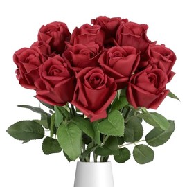 IPOPU 12PCS 22" Red Real Touch Roses Artificial Flowers Realistic Rose Long Stem Roses Artificial Flowers for Home Party Wedding Table Centerpieces Décor(Red)