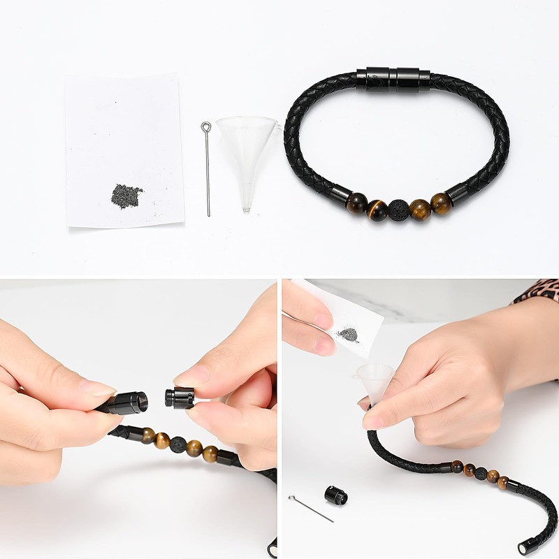 Leather Cremation Memorial Urn Bracelet Lava Stone 316L Stainless Steel