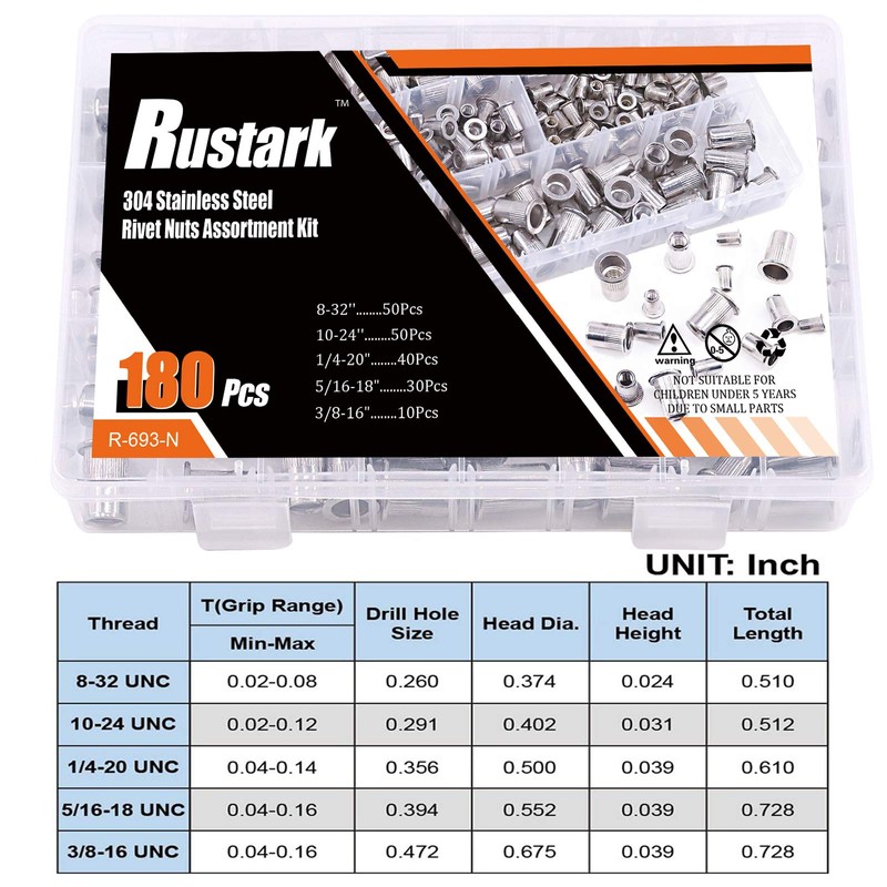 Rustark 180 Pcs 304 Stainless Steel Rivet Nuts Assortment Kit