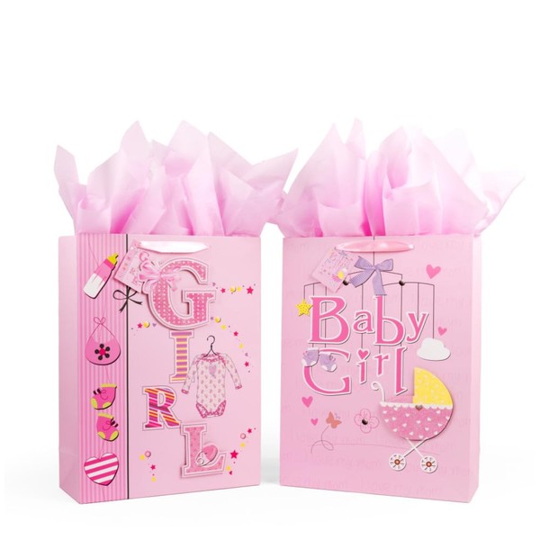 Golden J Store 16.5" Extra Large Baby Gift Bags with Tissue Papers for Baby Showers 2-Pack (Pink)