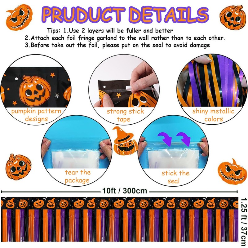 4Pcs Halloween Banner Decorations, 39Ft Pumpkin Foil Fringe Tinsel Streamer