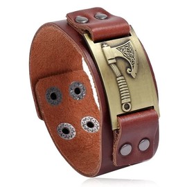MARSHAL Battle Axe Leather Bracelet Retro Simple Punk Men's Wide Leather bracelet Hip Hop Jewelry for Men (Tan)