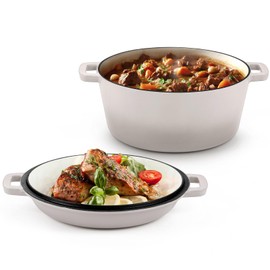 HaSteeL 5 QT Cast Iron Dutch Oven, 2-in-1 Enameled Pot & Skillet Lid Pan, Non-Stick Cookware for All Cooktops Bread Baking Cooking Stewing, 5QT Deep Pot & 2QT Lid with Dual Handles, Oven Safe, Khaki