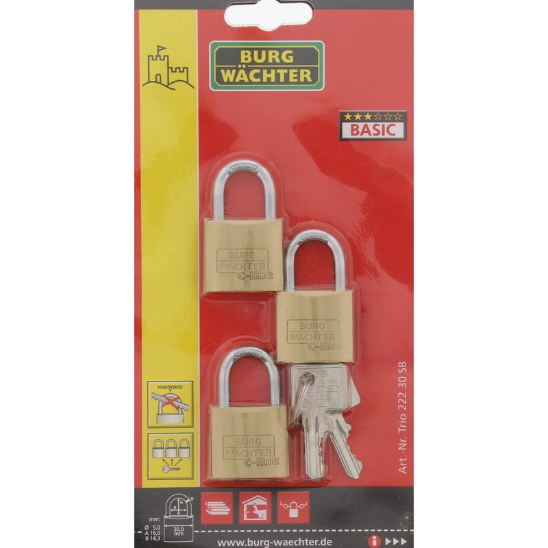 Burg-Wächter Padlock, Set of 3, 4 Keys, Trio 222, TRIO