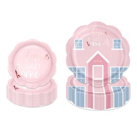 LeZakaa 50Pcs Housewarming Party Paper Plates Sets - Sweet House Design Disposable Pink Party Plates Decorative Tableware Supplies for Welcome New Home Wedding Decoration - 7 Inch & 9 Inch