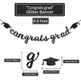 Congrats Grad Banner Decorations - Hanging Glitter Graduation Banner with Cap Garland Sign Bunting for Class of 2024 Photo Backdrop, College High School Grad Party Supplies for Wall Decor (Black)