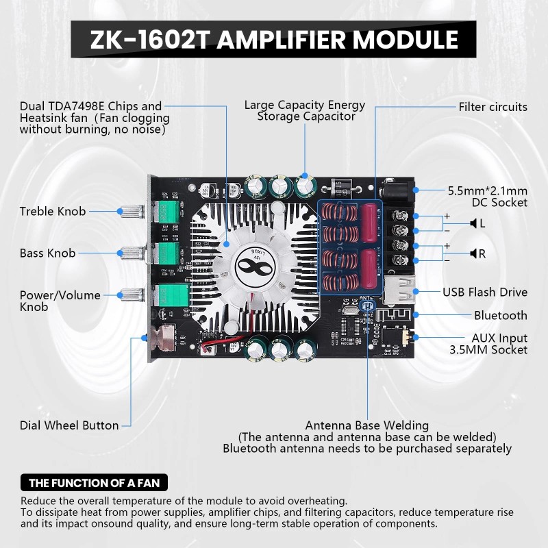Arrarown Audio Amplifier Board, ZK-1602T Bluetooth 5.0 Power Amp for