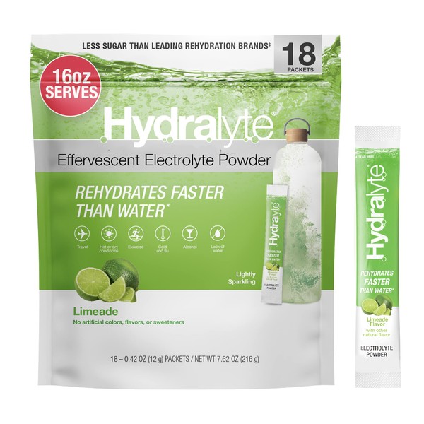 Hydralyte Low Sugar Rapid Rehydration - Lightly Sparkling Electrolyte Powder Packets, 16 oz Serve | Limeade Hydration Packets | Hydration for Heat, Travel Essential - Workout Essential (18 Count)