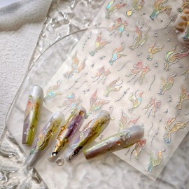 5D Embossed Summer Sea Nail Stickers Aurora Nail Decals Shiny Laser Nail Art Stickers Self-Adhesive Fish Tail Bow Designs DIY Manicure Decoration Nail Art Supplies for Women Girls