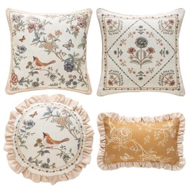 ISAENNE Design Floral Bird Linen Throw Pillow Covers Set of 4, Yellow Pink Cushion Covers with Flower Chinese Hwamei Decor Lumbar Round Square Pillowcases for Bed,Living Room,Outdoor,Car