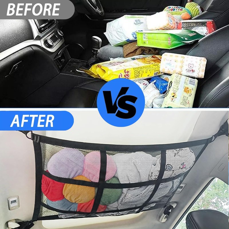 Car Ceiling Cargo Net Pocket, Interior Adjustable Double-Layer Mesh Storage