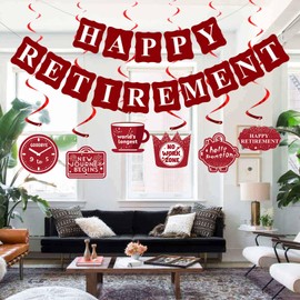 21Pcs Happy Retirement Party Decorations for Men Women,Red Funny Retirement Banner Hanging Swirls Paper Kit Outdoor Indoor Bunting Garland Sign Teacher Retired Banners Office Farewell Decor Supplies