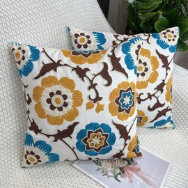 GYISANA Set of 2 Decorative Embroidered Cushion Covers Cotton Canvas Linen Cushion Cover Bohemian Mandala Decorative Cushion Sofa Cushion for Couch Car Bedroom 45 x 45 cm (Yellow Flowers)