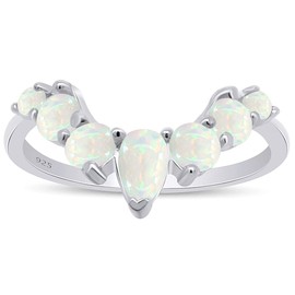 AFFY Seven Stone Design, Dainty 14k White Gold Plated 925 Sterling Silver Pear And Round Cut Created Opal Stackable Wedding Ring Jewelry For Womens Ring Size -7