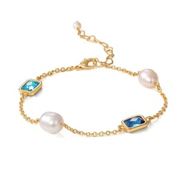 XYJZXY Gold Tiny Pearl Bracelet 18K Gold Plated Pearl Bracelet for Women Cubic Zirconia Adjustable Bracelet Dainty Gold Bracelet (Blue)
