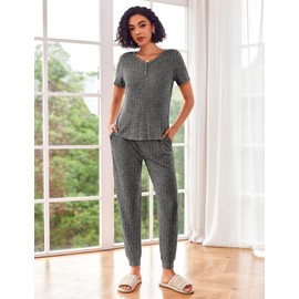 Ekouaer Pajama Sets for Womens Rib Knit Lounge Set Jogger Pants Short Sleeve Sleepwear 2 Piece Outfits Set with Pockets Gray