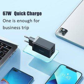 67W USB C Ladegerät GAN 5 3-Port Schnellladegerät PD Netzteil Mehrfach Ladegerät PD3.0/QC4.0/FCP USB C Netzteil Kompatibel mit MacBook Pro/Air, Laptop, Tablet, Handy und mehr