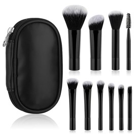 Juego de 10 brochas de maquillaje de viaje, mini brochas de maquillaje, tamaño de viaje con paquete portátil para sombra de ojos pequeños, lápiz labia
