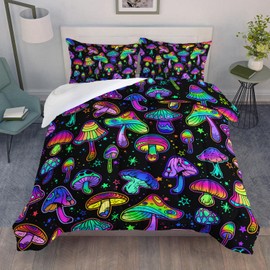 AILONEN Mushroom Comforter Set Queen Size, Colorful Black Gradient Mushroom Bedding Set for Kids Girls,Fantasy Mushroom Bed in a Bag,1 Mushroom Comforter + 2 Pillowcases,Microfiber