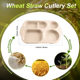 Tanlade 8 Pcs Large Unbreakable Divided Plates 12 Inch Wheat Straw Food Tray 5 Compartment Food Portion Control Tray Wheat Straw Section Plates for Adult Microwave Dishwasher Safe(Beige)
