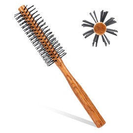 Small Round Hair Brush for Blow Drying, Curling Brush with Wooden Handle & Nylon Bristle, for Wet Hair, Bangs, Beard, Styling, Lifting (Wood Color)