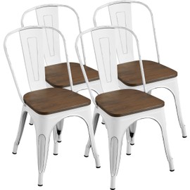 Yaheetech Metal Dining Chairs with Wood Seat/Top Stackable Side Chairs Kitchen Chairs with Back Indoor-Outdoor Classic/Chic/Industrial/Vintage Bistro Cafe Trattoria Kitchen Distressed White, Set of 4